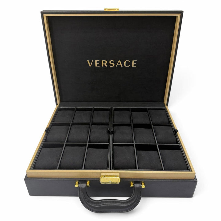 美品▼VERSACE ヴェルサーチ レザー ウッド メデューサ 時計バッグ ウォッチケース アタッシュケース ブラック ゴールド金具 メンズ 箱付
