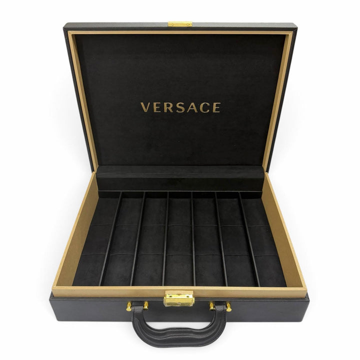 美品▼VERSACE ヴェルサーチ レザー ウッド メデューサ 時計バッグ ウォッチケース アタッシュケース ブラック ゴールド金具 メンズ 箱付