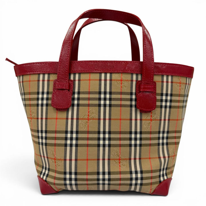 極美品☆Burberrys バーバリー ヴィンテージ シャドーホース ノバチェック柄 レザー使い キャンバス ハンドバッグ ブラウン レッド