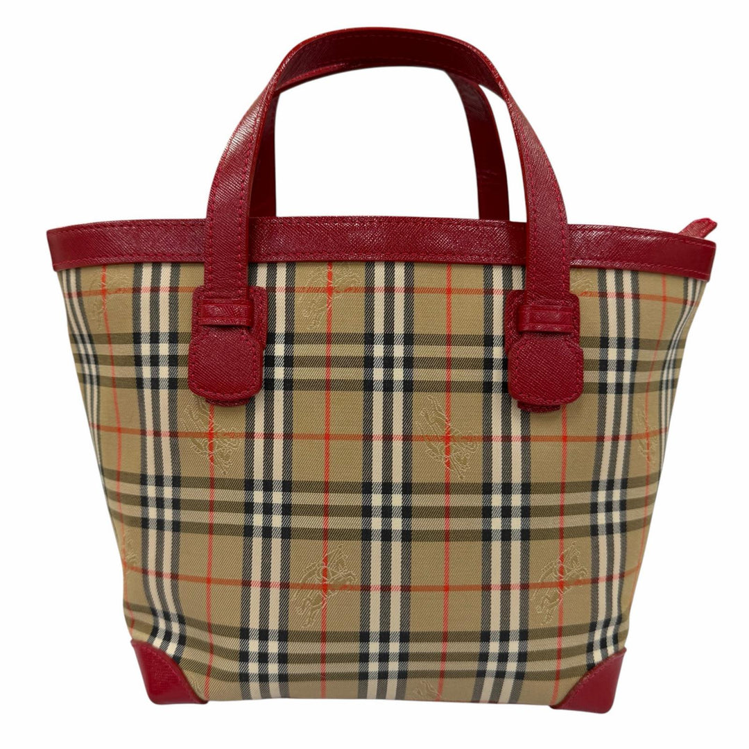 極美品☆Burberrys バーバリー ヴィンテージ シャドーホース ノバチェック柄 レザー使い キャンバス ハンドバッグ ブラウン レッド