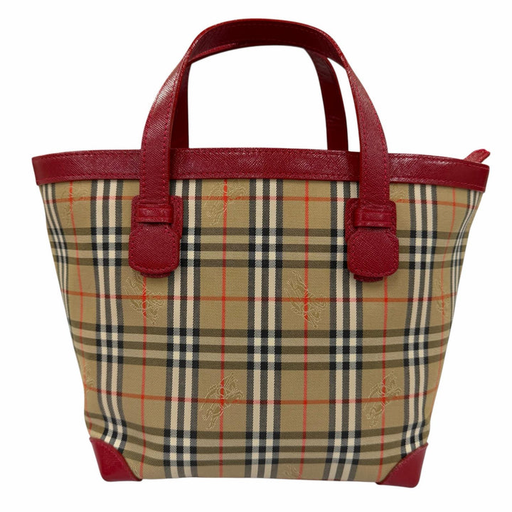 極美品☆Burberrys バーバリー ヴィンテージ シャドーホース ノバチェック柄 レザー使い キャンバス ハンドバッグ ブラウン レッド