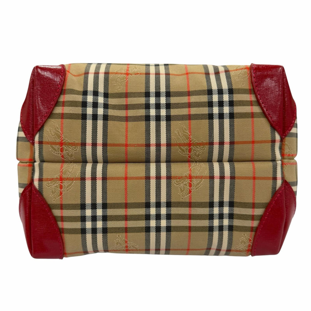 極美品☆Burberrys バーバリー ヴィンテージ シャドーホース ノバチェック柄 レザー使い キャンバス ハンドバッグ ブラウン レッド