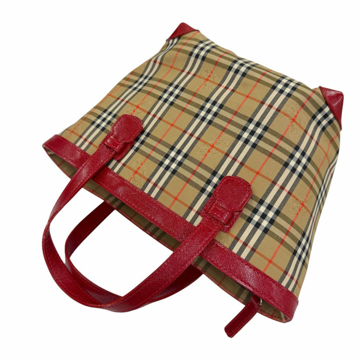 極美品☆Burberrys バーバリー ヴィンテージ シャドーホース ノバチェック柄 レザー使い キャンバス ハンドバッグ ブラウン レッド