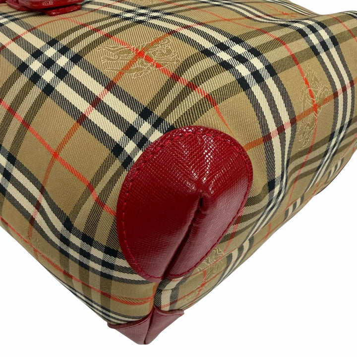 極美品☆Burberrys バーバリー ヴィンテージ シャドーホース ノバチェック柄 レザー使い キャンバス ハンドバッグ ブラウン レッド