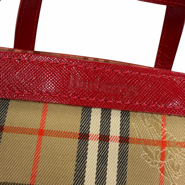 極美品☆Burberrys バーバリー ヴィンテージ シャドーホース ノバチェック柄 レザー使い キャンバス ハンドバッグ ブラウン レッド