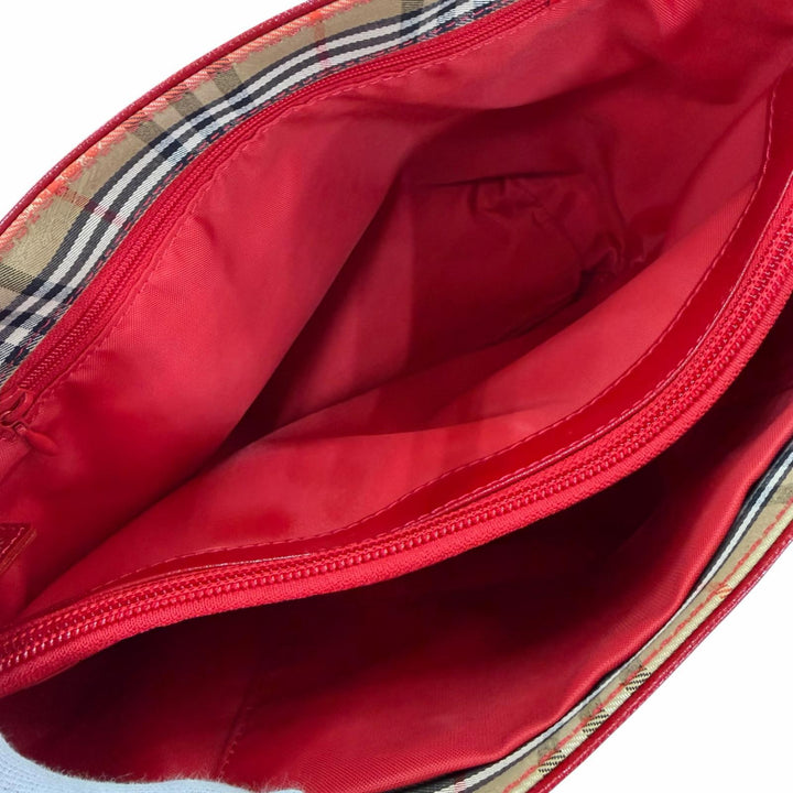 極美品☆Burberrys バーバリー ヴィンテージ シャドーホース ノバチェック柄 レザー使い キャンバス ハンドバッグ ブラウン レッド