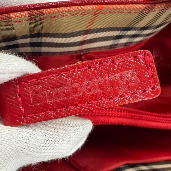 極美品☆Burberrys バーバリー ヴィンテージ シャドーホース ノバチェック柄 レザー使い キャンバス ハンドバッグ ブラウン レッド