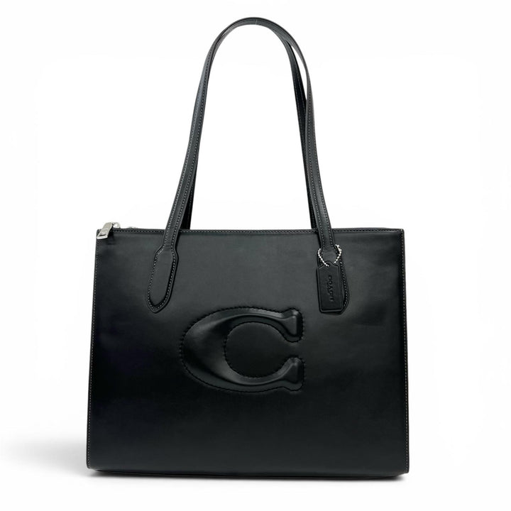 極美品▲COACH コーチ CR096 ニーナ トート スムースレザー Cロゴエンボス トートバッグ ブラック レディース 保存袋付き