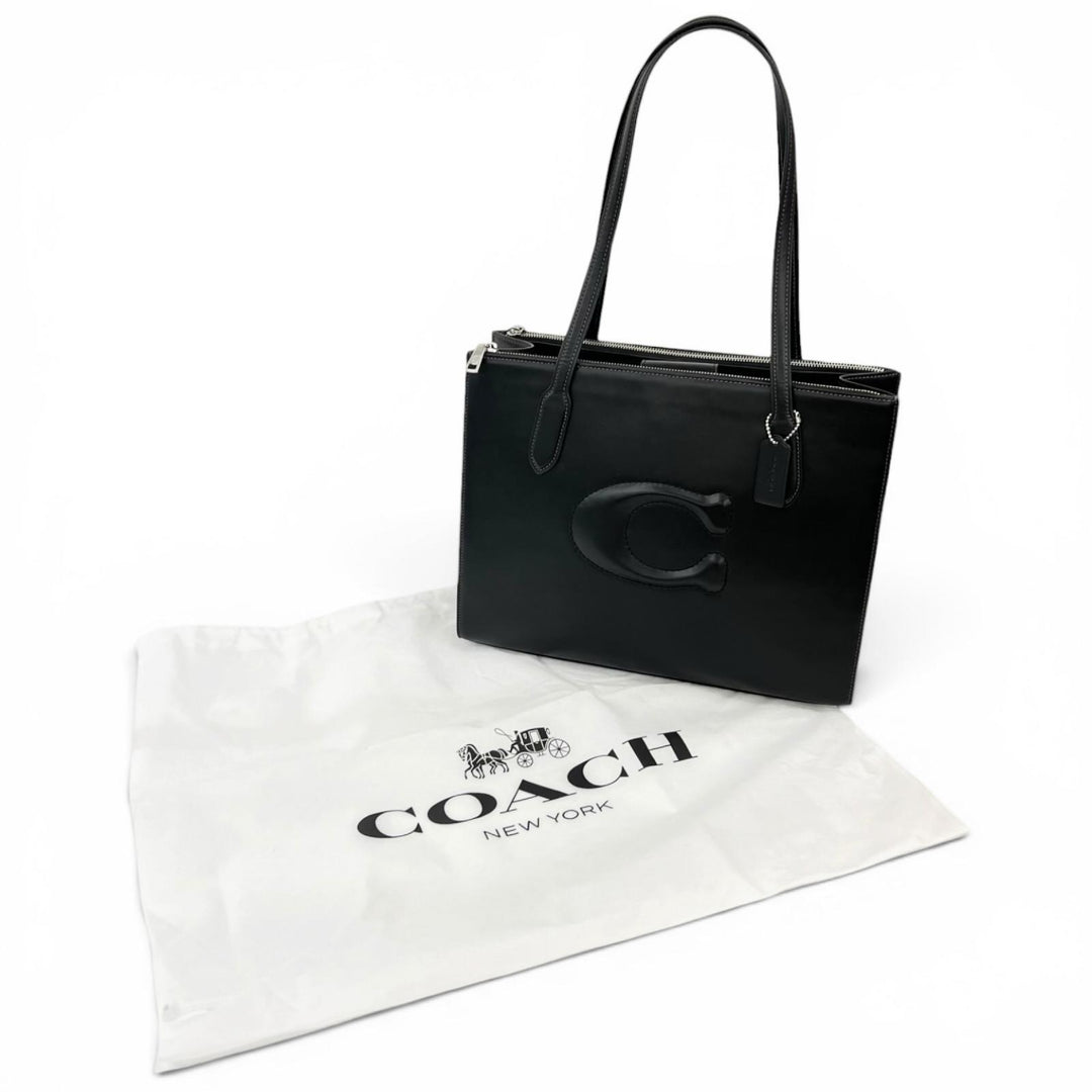 極美品▲COACH コーチ CR096 ニーナ トート スムースレザー Cロゴエンボス トートバッグ ブラック レディース 保存袋付き