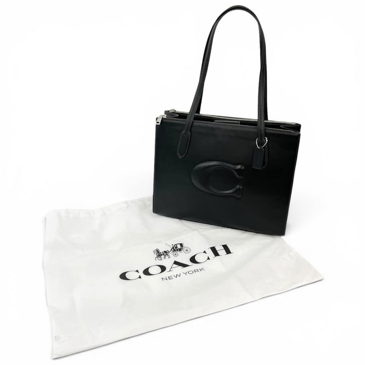 極美品▲COACH コーチ CR096 ニーナ トート スムースレザー Cロゴエンボス トートバッグ ブラック レディース 保存袋付き