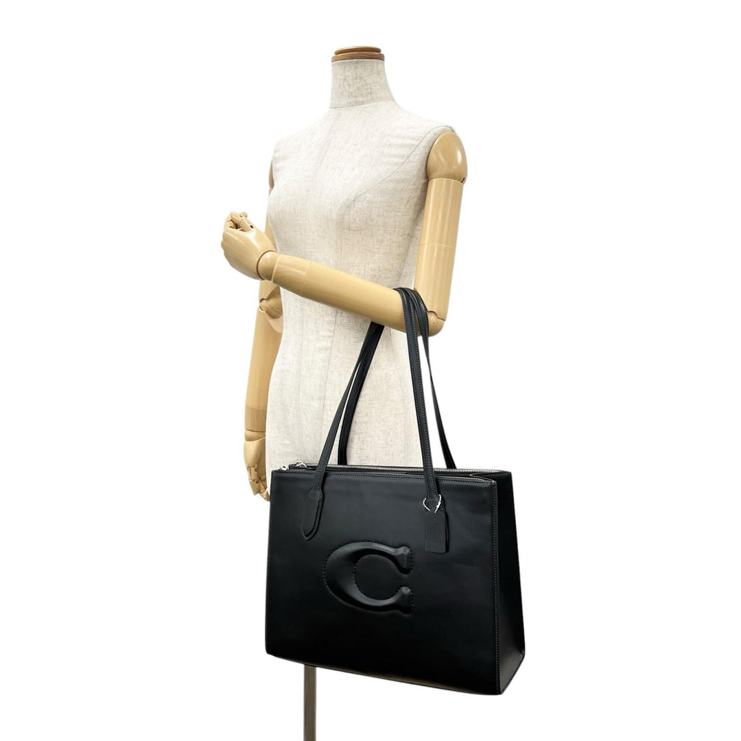極美品▲COACH コーチ CR096 ニーナ トート スムースレザー Cロゴエンボス トートバッグ ブラック レディース 保存袋付き