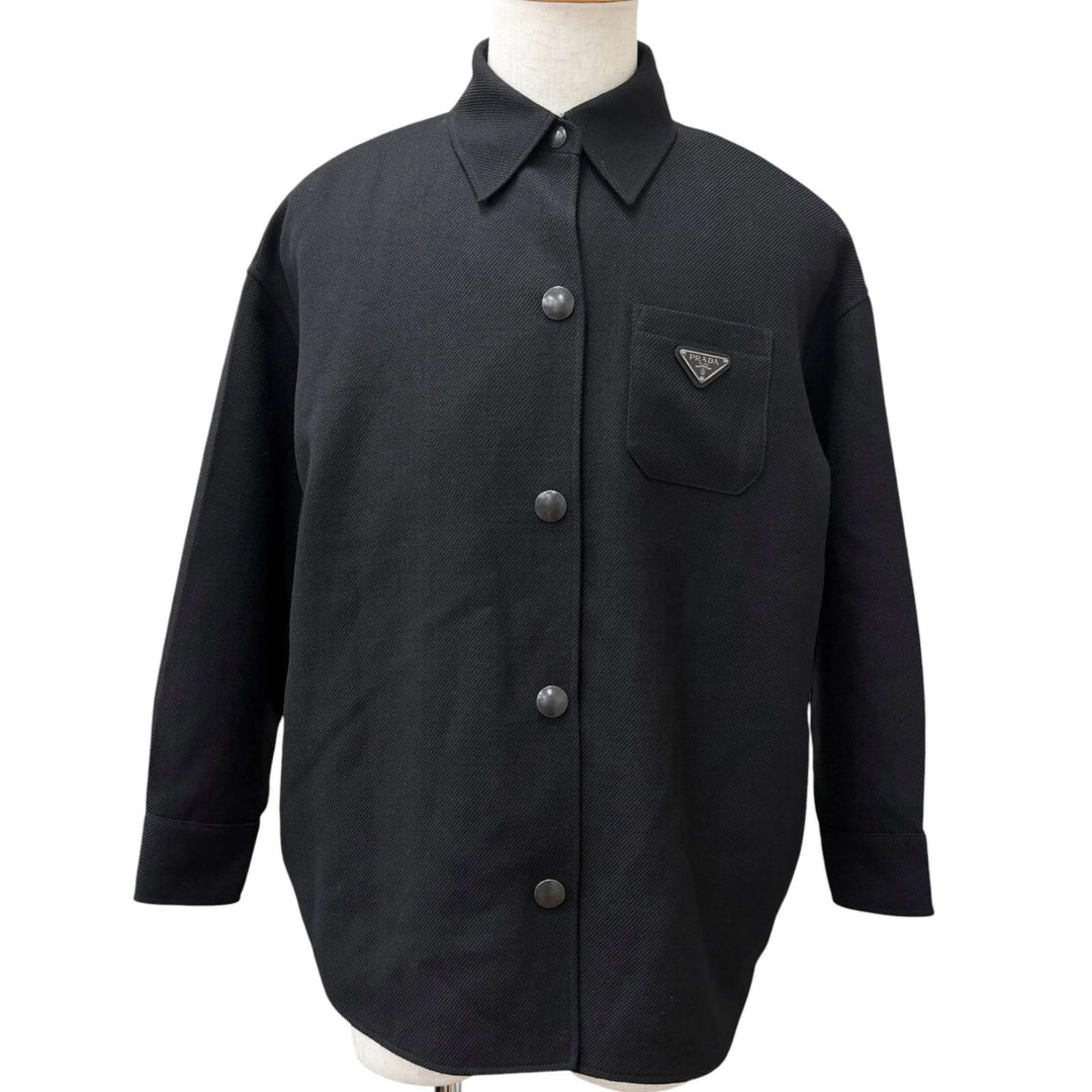 美品□PRADA プラダ バージンウール100％ トライアングルロゴ 三角プレート ブルゾンジャケット ブラック IT 36 イタリア製 正規品
