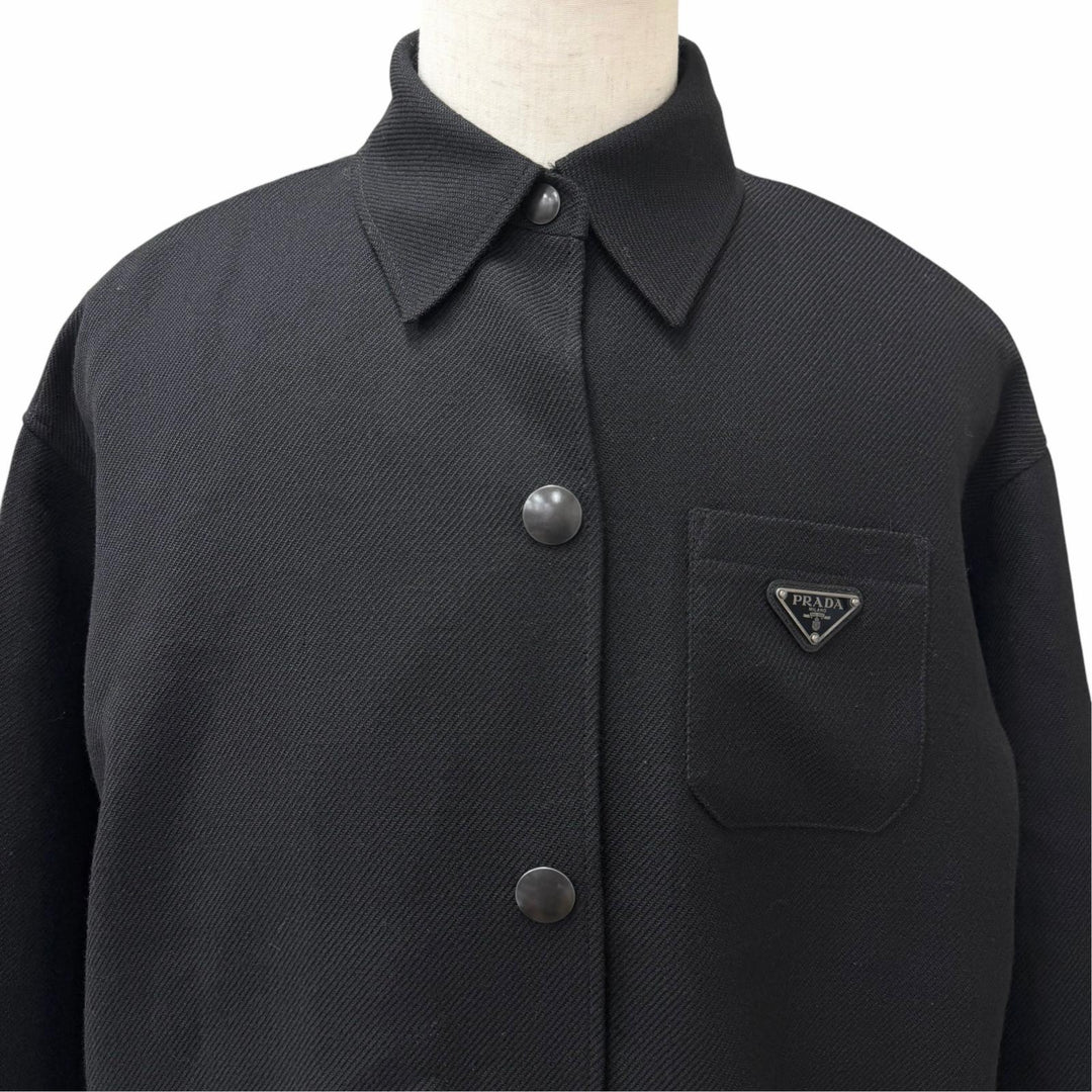 美品□PRADA プラダ バージンウール100％ トライアングルロゴ 三角プレート ブルゾンジャケット ブラック IT 36 イタリア製 正規品