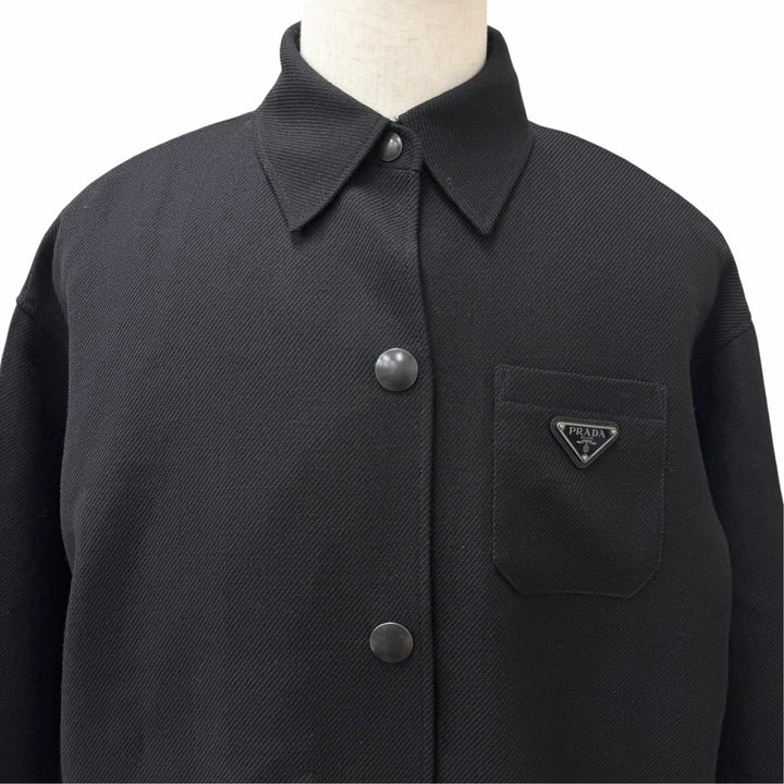 美品□PRADA プラダ バージンウール100％ トライアングルロゴ 三角プレート ブルゾンジャケット ブラック IT 36 イタリア製 正規品