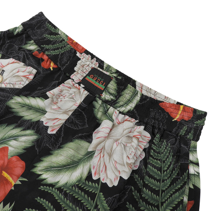 極美品▲GUCCI グッチ 619508 シルク100％ ロゴボタン ハワイアンプリント ショート パンツ マルチ 36 イタリア製 正規品 レディース