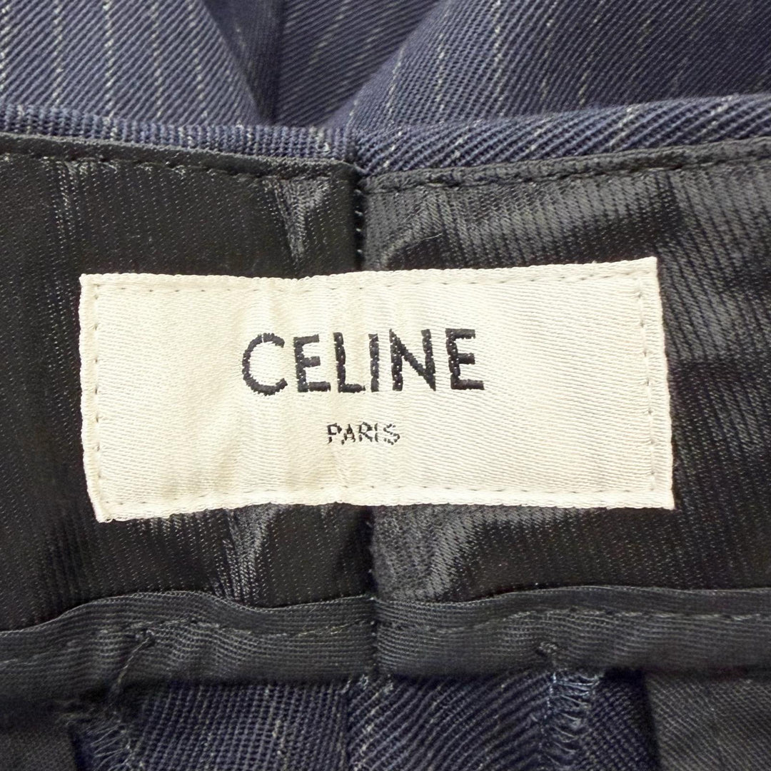 未使用品□CELINE セリーヌ 2P085449K ウール コットン ストライプ柄 スラックス トラウザーズ ネイビー 46 イタリア製 正規品 メンズ