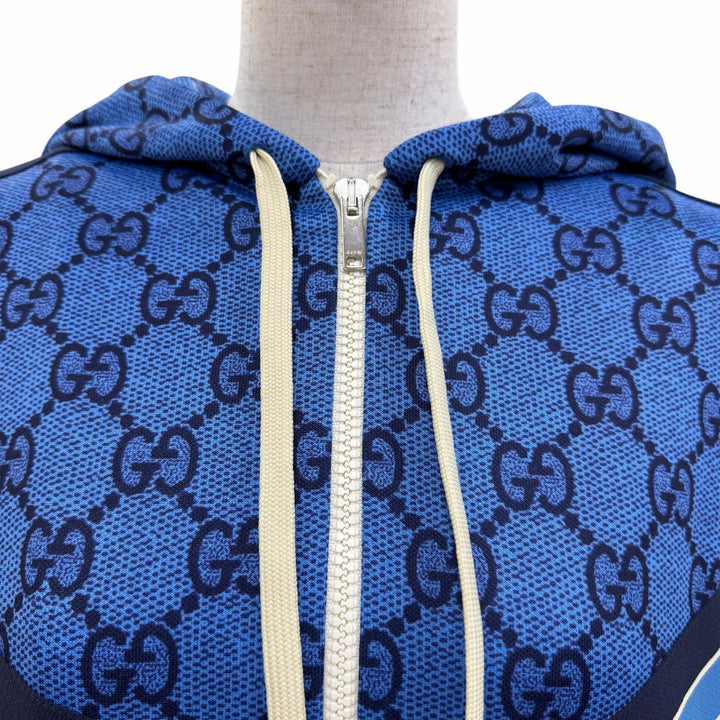 未使用品☆GUCCI グッチ 550604 GGテクニカル バックプリーツジャージー GG柄 パーカー ジャケット ブラウン ブルー M 正規品 レディース