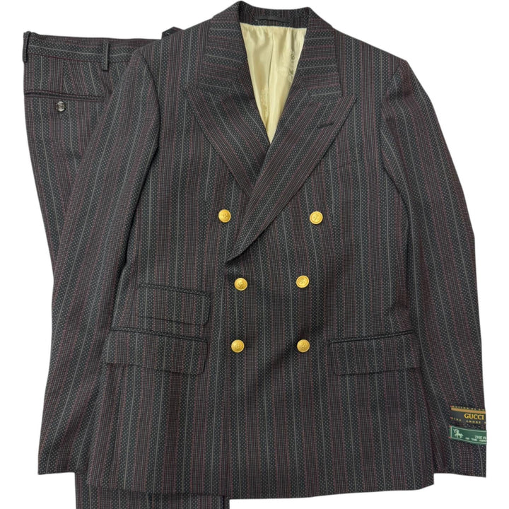 極美品□GUCCI グッチ 605347 ウール100％ ストライプ柄 金ボタン ダブルブレスト スーツ セットアップ ブラック 48 イタリア製 正規品