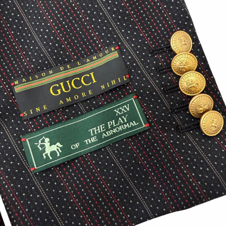 極美品□GUCCI グッチ 605347 ウール100％ ストライプ柄 金ボタン ダブルブレスト スーツ セットアップ ブラック 48 イタリア製 正規品