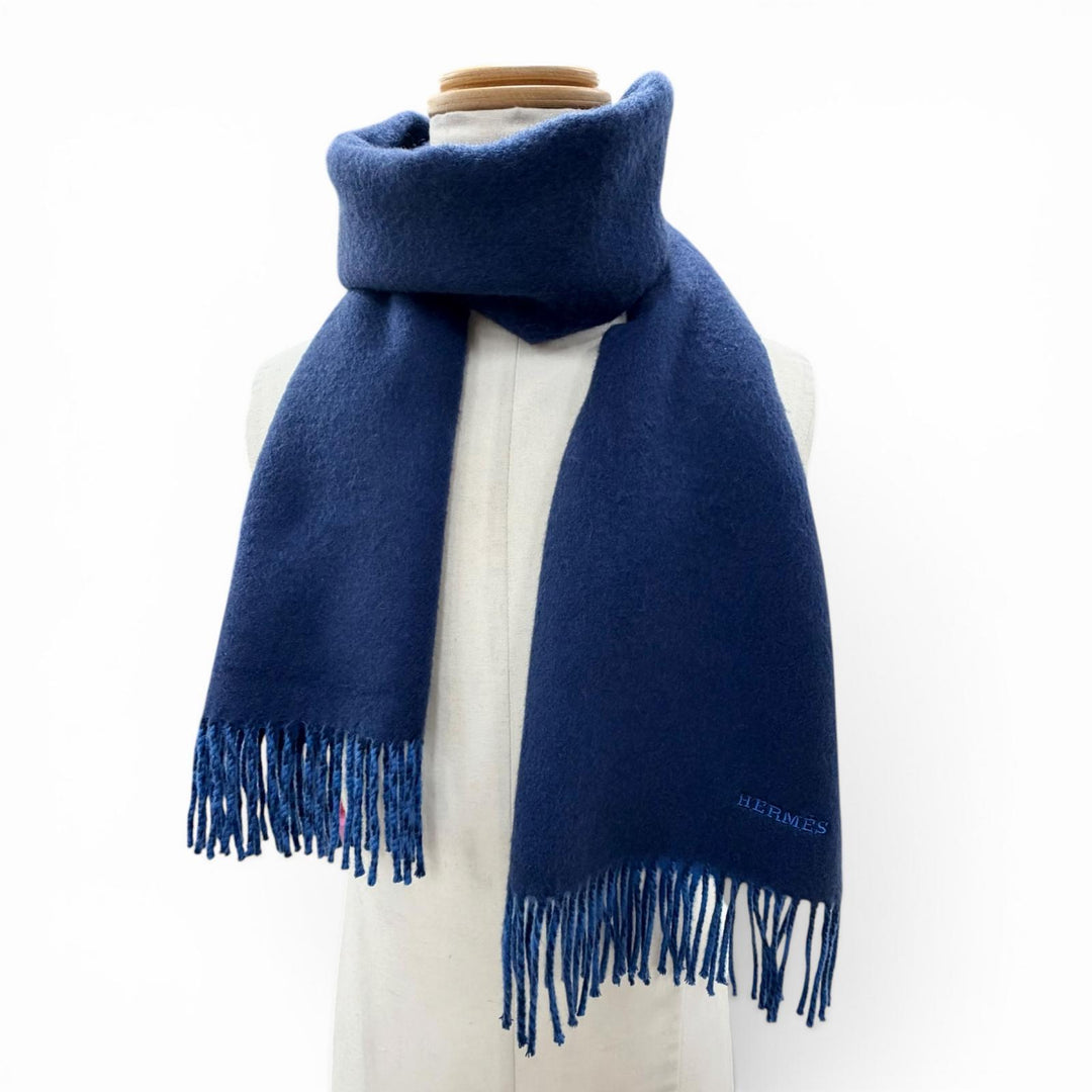 極美品▼HERMES エルメス レクトヴェルソ カシミヤ100% バイカラー ロゴ刺繍 フリンジ付き リバーシブル マフラー ネイビー ブルー 箱付