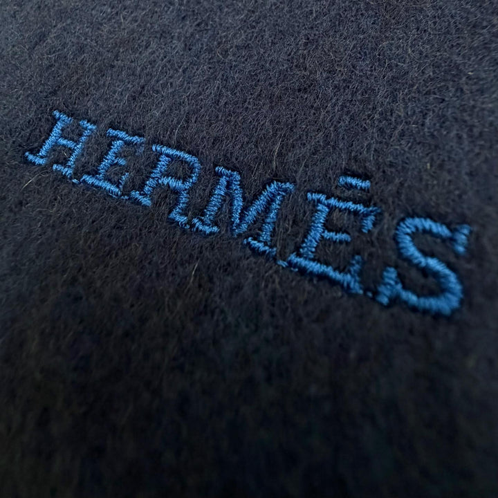 極美品▼HERMES エルメス レクトヴェルソ カシミヤ100% バイカラー ロゴ刺繍 フリンジ付き リバーシブル マフラー ネイビー ブルー 箱付