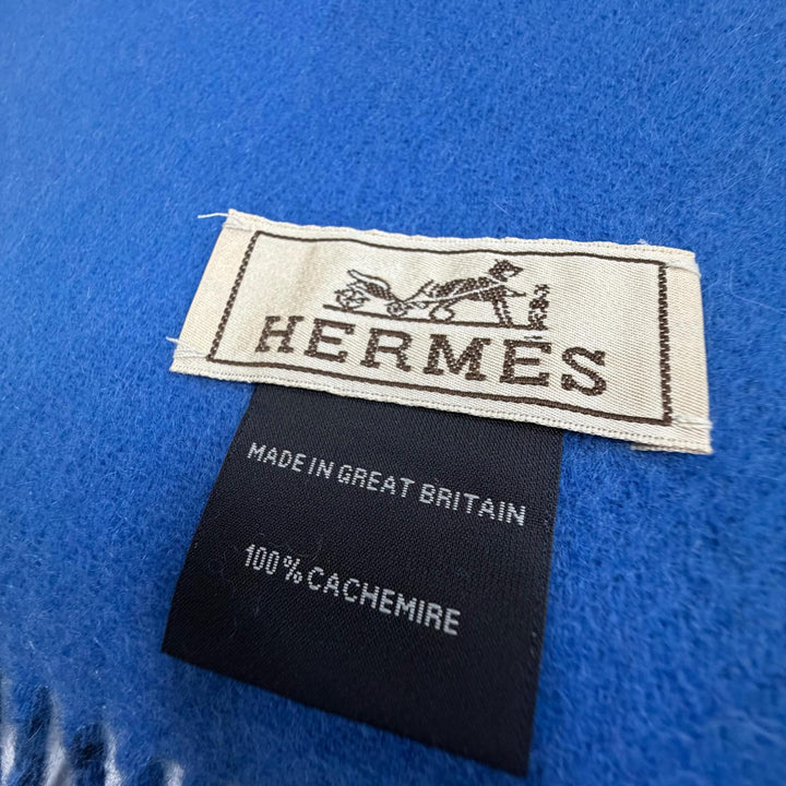 極美品▼HERMES エルメス レクトヴェルソ カシミヤ100% バイカラー ロゴ刺繍 フリンジ付き リバーシブル マフラー ネイビー ブルー 箱付