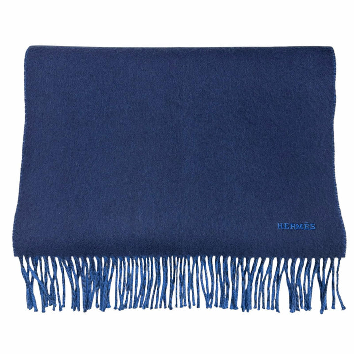 極美品▼HERMES エルメス レクトヴェルソ カシミヤ100% バイカラー ロゴ刺繍 フリンジ付き リバーシブル マフラー ネイビー ブルー 箱付