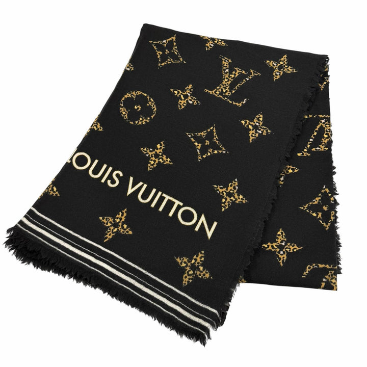 美品★LOUIS VUITTON ルイヴィトン M73644 ウール100％ ロゴ入り モノグラム レオパード フリンジ付 ストール ブラック 伊製 正規品