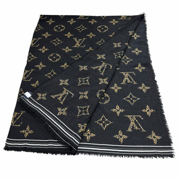 美品★LOUIS VUITTON ルイヴィトン M73644 ウール100％ ロゴ入り モノグラム レオパード フリンジ付 ストール ブラック 伊製 正規品