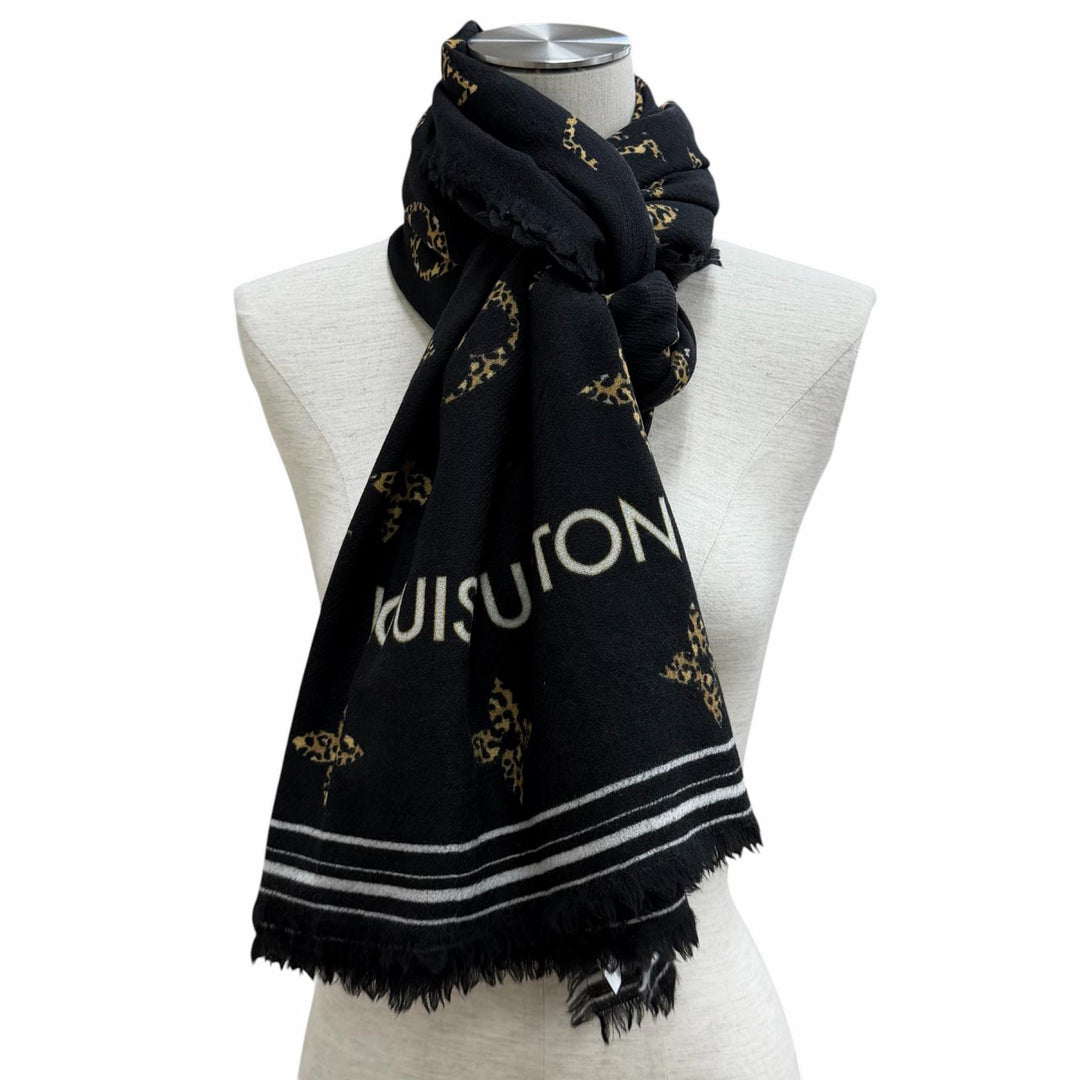 美品★LOUIS VUITTON ルイヴィトン M73644 ウール100％ ロゴ入り モノグラム レオパード フリンジ付 ストール ブラック 伊製 正規品