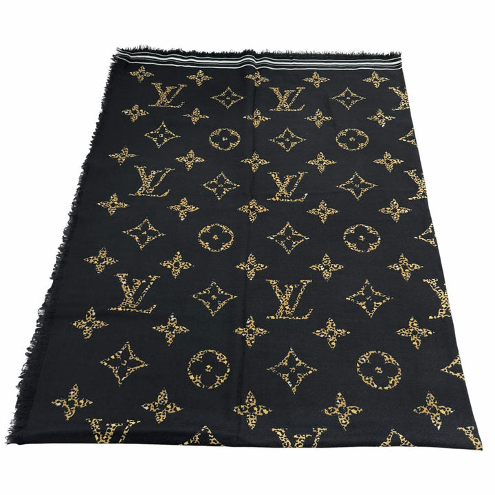 美品★LOUIS VUITTON ルイヴィトン M73644 ウール100％ ロゴ入り モノグラム レオパード フリンジ付 ストール ブラック 伊製 正規品