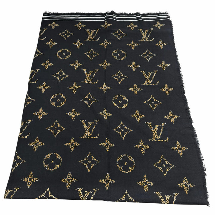 美品★LOUIS VUITTON ルイヴィトン M73644 ウール100％ ロゴ入り モノグラム レオパード フリンジ付 ストール ブラック 伊製 正規品