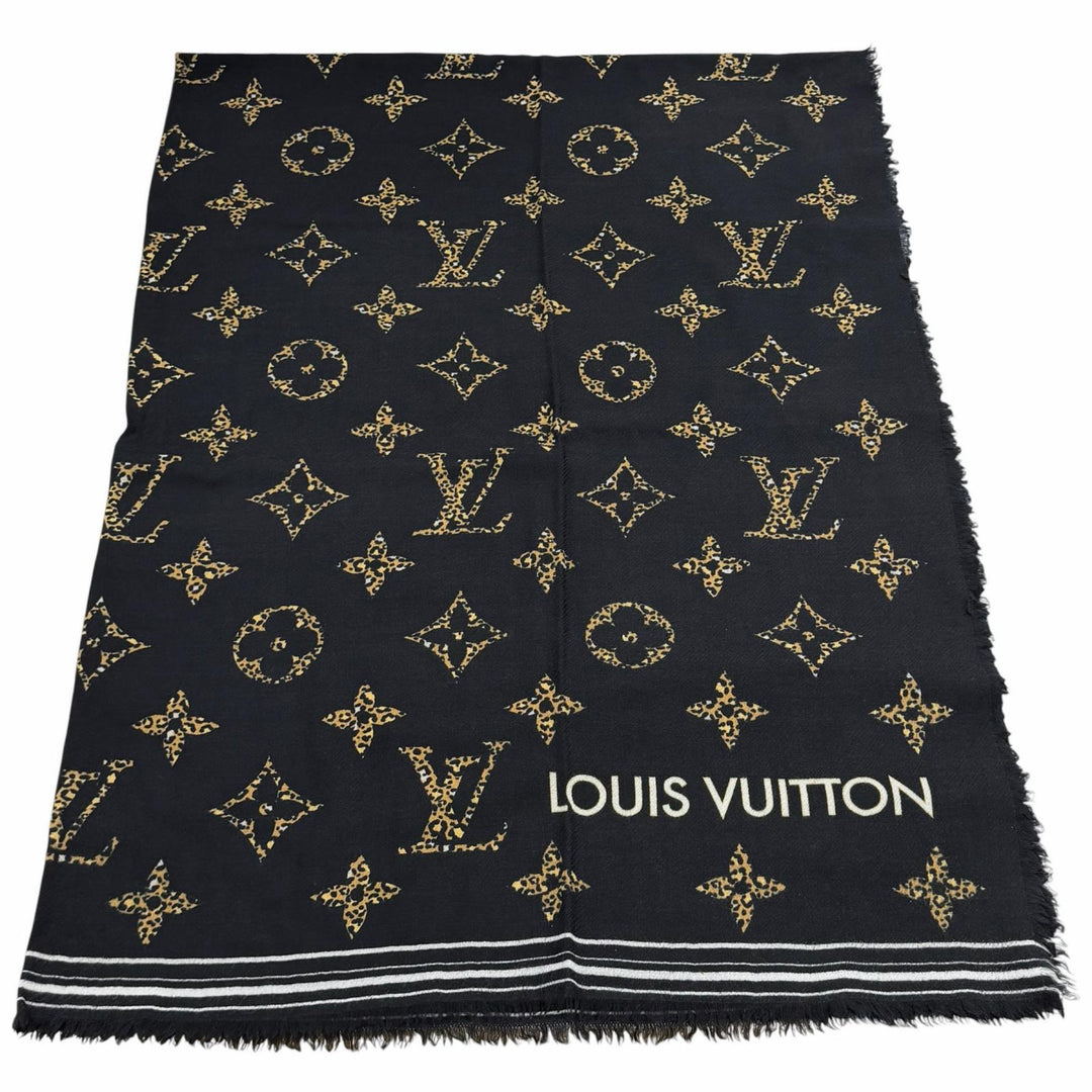 美品★LOUIS VUITTON ルイヴィトン M73644 ウール100％ ロゴ入り モノグラム レオパード フリンジ付 ストール ブラック 伊製 正規品