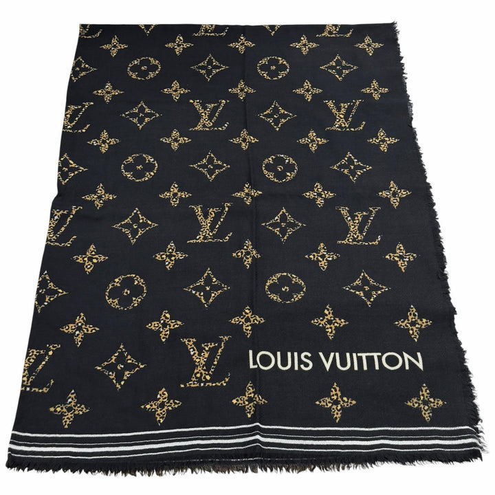 美品★LOUIS VUITTON ルイヴィトン M73644 ウール100％ ロゴ入り モノグラム レオパード フリンジ付 ストール ブラック 伊製 正規品