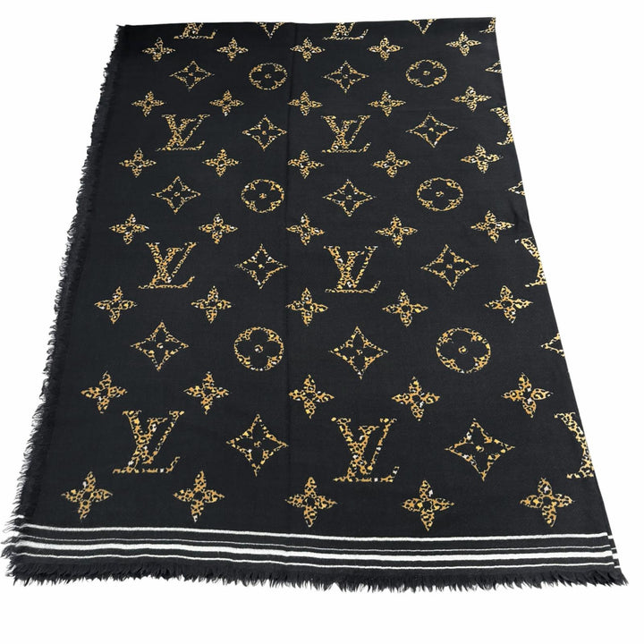 美品★LOUIS VUITTON ルイヴィトン M73644 ウール100％ ロゴ入り モノグラム レオパード フリンジ付 ストール ブラック 伊製 正規品