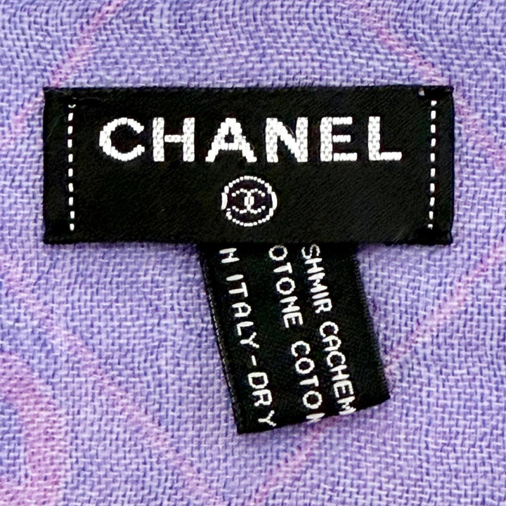 良品△CHANEL シャネル 13S カシミヤ コットン ココマーク マトラッセ フリンジ 大判 ストール ショール パープル イタリア製 レディース