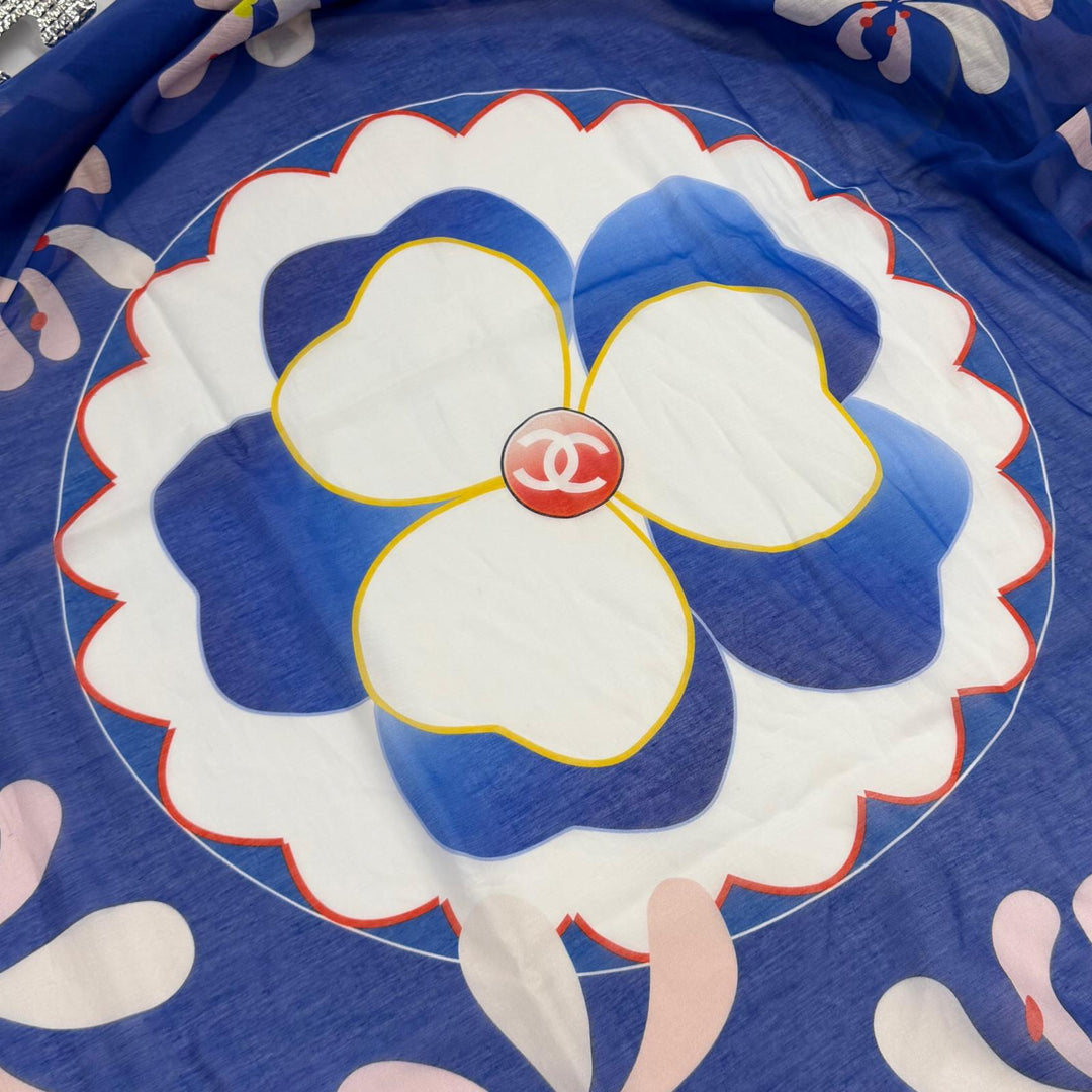 極美品★CHANEL シャネル G19 コットン シルク混 ココマーク 花柄 大判 パレオ ブルー イタリア製 レディース 箱・保存袋付き