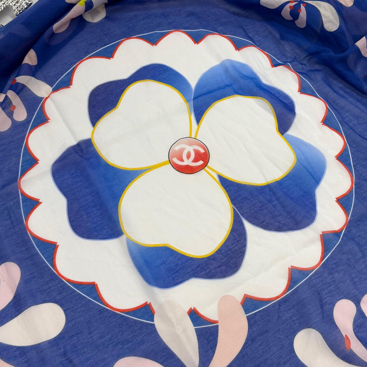 極美品★CHANEL シャネル G19 コットン シルク混 ココマーク 花柄 大判 パレオ ブルー イタリア製 レディース 箱・保存袋付き