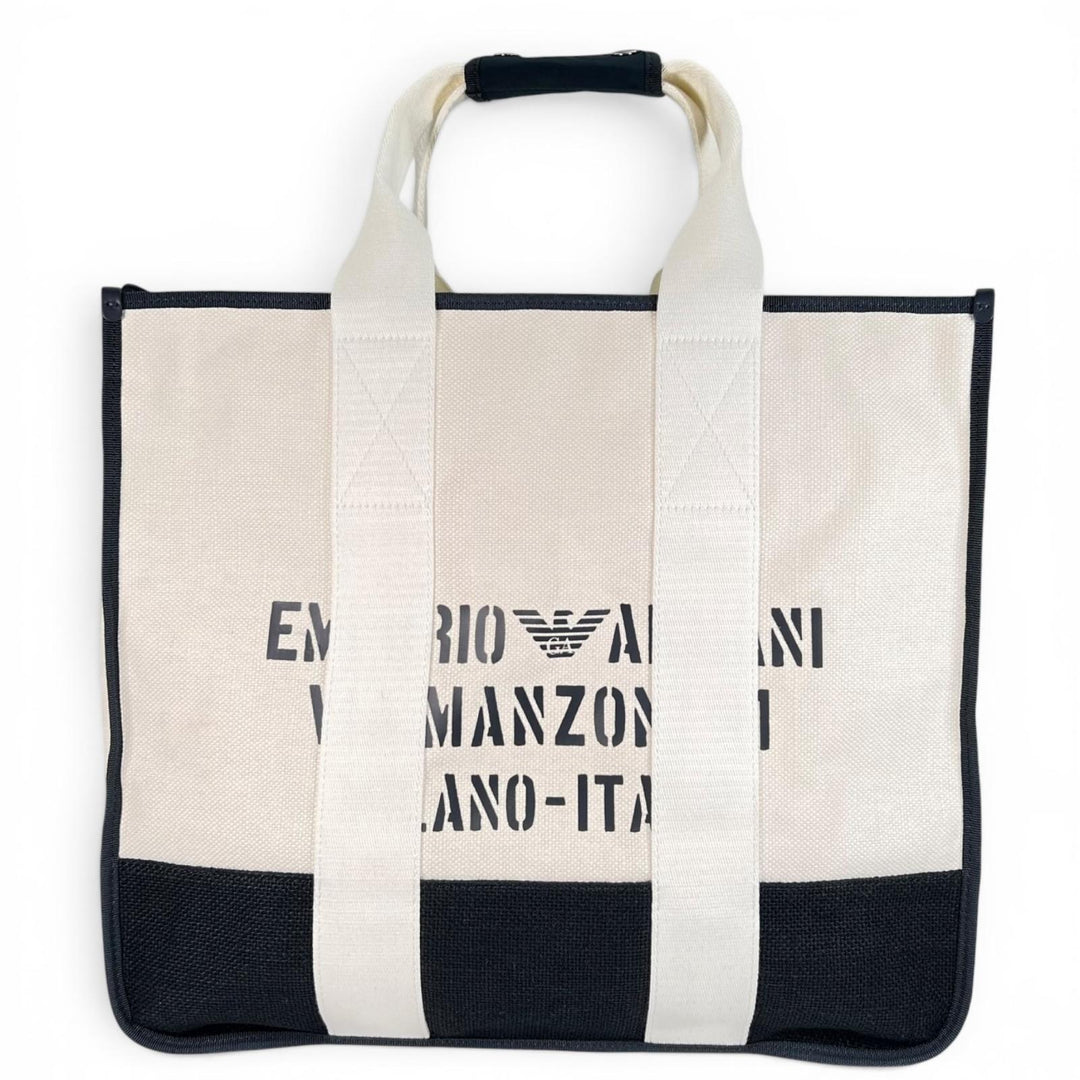 美品▲EMPORIO ARMANI エンポリオ アルマーニ ジュート ポーチ付き ロゴプリント 大型 大容量 トートバッグ ホワイト ブラック メンズ