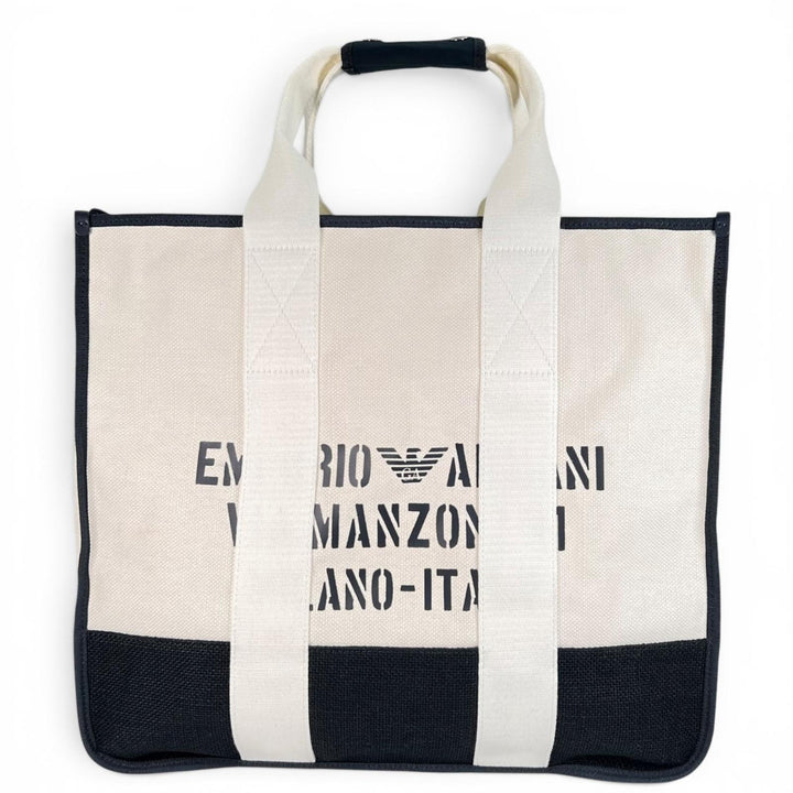 美品▲EMPORIO ARMANI エンポリオ アルマーニ ジュート ポーチ付き ロゴプリント 大型 大容量 トートバッグ ホワイト ブラック メンズ