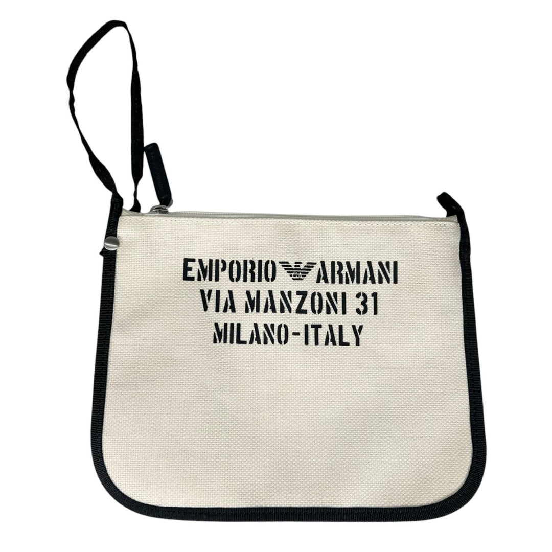 美品▲EMPORIO ARMANI エンポリオ アルマーニ ジュート ポーチ付き ロゴプリント 大型 大容量 トートバッグ ホワイト ブラック メンズ