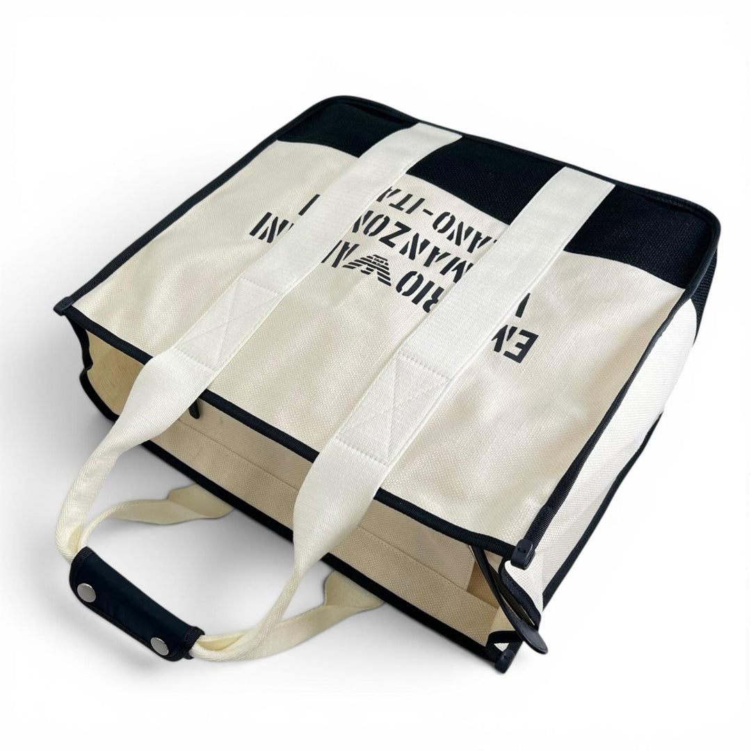 美品▲EMPORIO ARMANI エンポリオ アルマーニ ジュート ポーチ付き ロゴプリント 大型 大容量 トートバッグ ホワイト ブラック メンズ