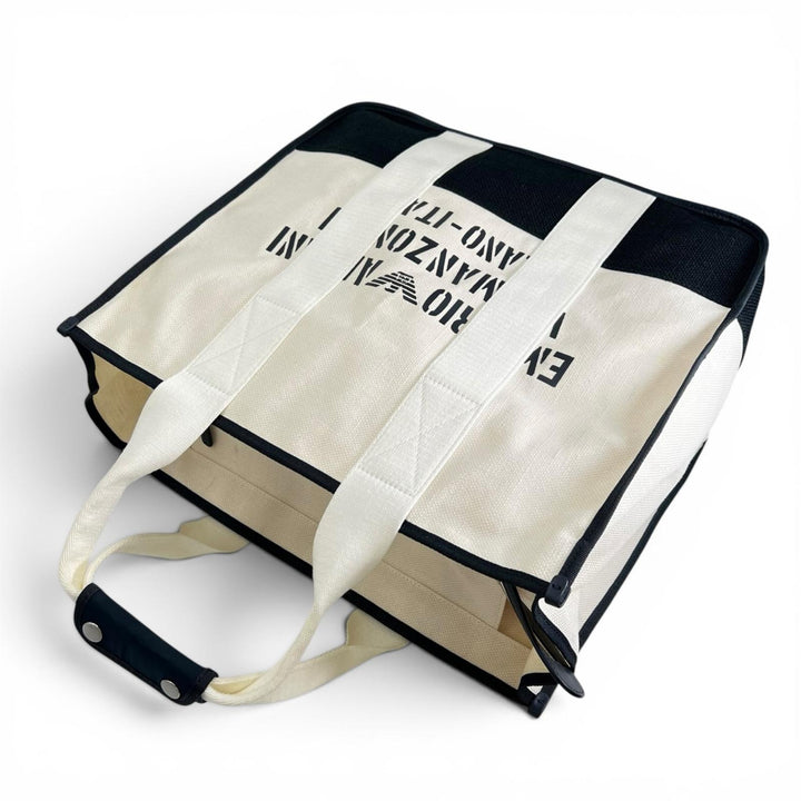 美品▲EMPORIO ARMANI エンポリオ アルマーニ ジュート ポーチ付き ロゴプリント 大型 大容量 トートバッグ ホワイト ブラック メンズ