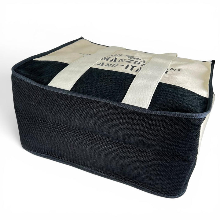 美品▲EMPORIO ARMANI エンポリオ アルマーニ ジュート ポーチ付き ロゴプリント 大型 大容量 トートバッグ ホワイト ブラック メンズ