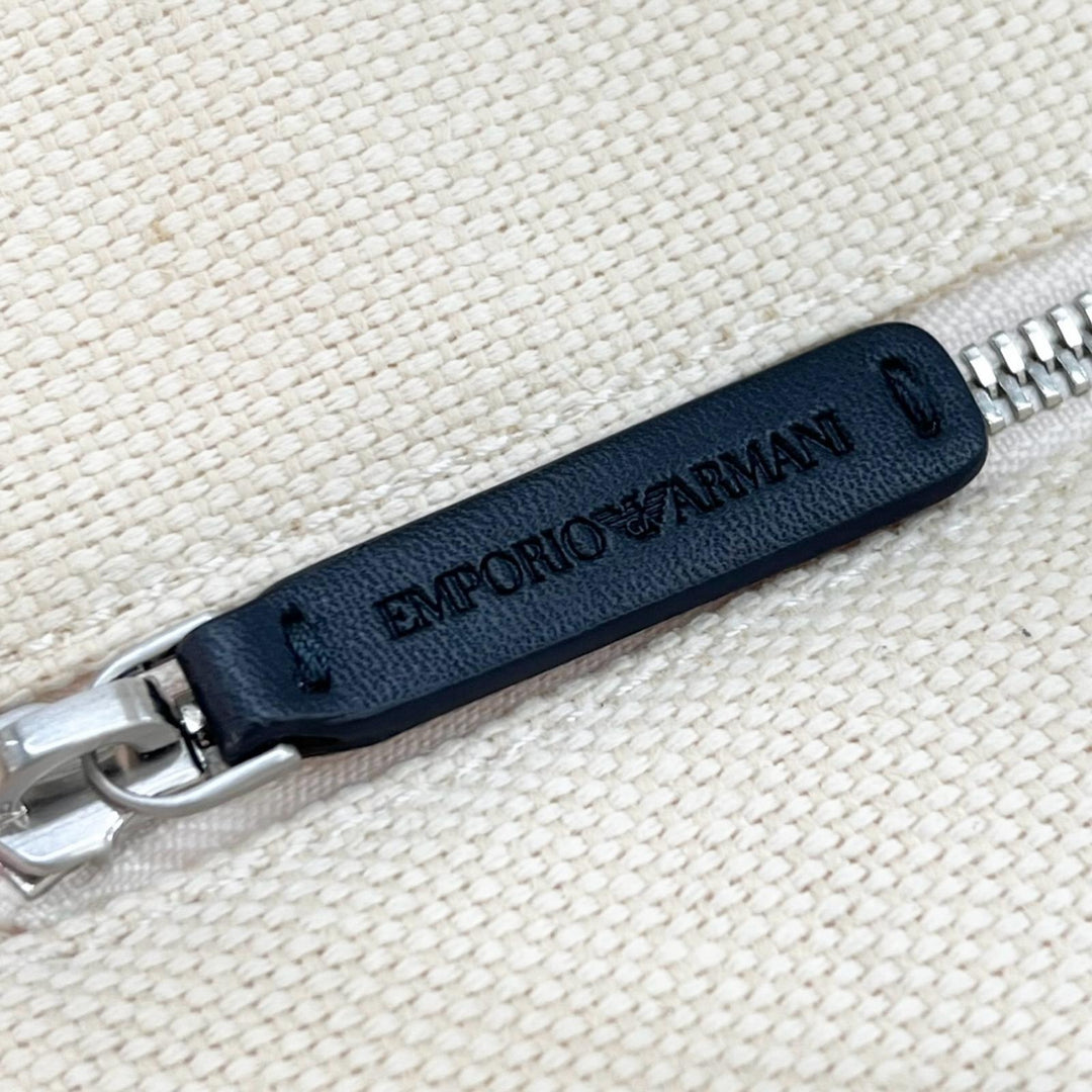 美品▲EMPORIO ARMANI エンポリオ アルマーニ ジュート ポーチ付き ロゴプリント 大型 大容量 トートバッグ ホワイト ブラック メンズ