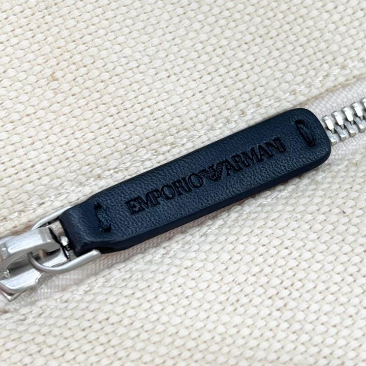 美品▲EMPORIO ARMANI エンポリオ アルマーニ ジュート ポーチ付き ロゴプリント 大型 大容量 トートバッグ ホワイト ブラック メンズ