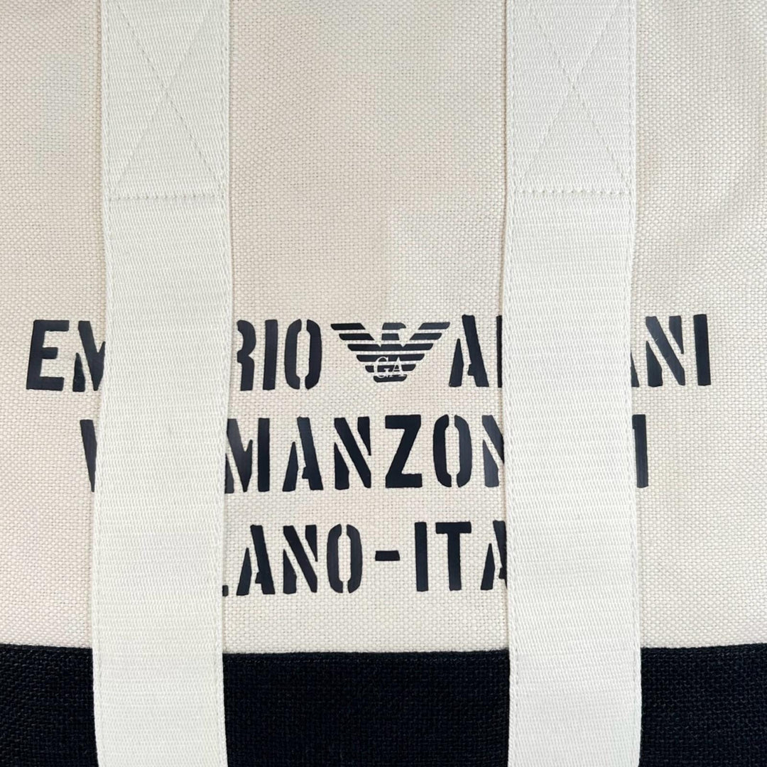 美品▲EMPORIO ARMANI エンポリオ アルマーニ ジュート ポーチ付き ロゴプリント 大型 大容量 トートバッグ ホワイト ブラック メンズ