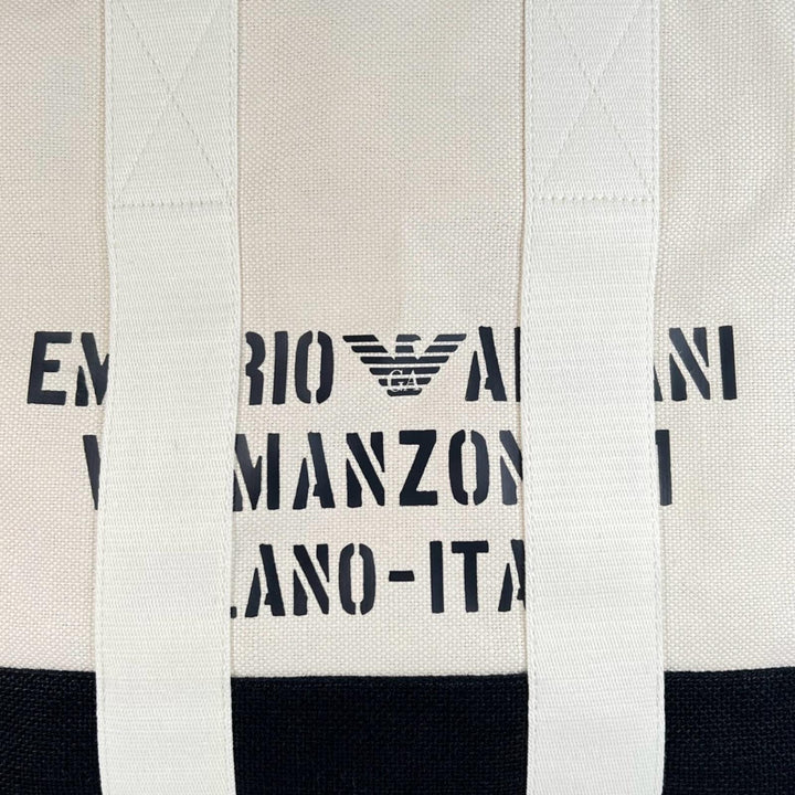 美品▲EMPORIO ARMANI エンポリオ アルマーニ ジュート ポーチ付き ロゴプリント 大型 大容量 トートバッグ ホワイト ブラック メンズ