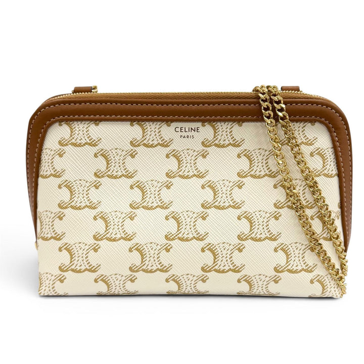 極美品★CELINE セリーヌ トリオンフキャンバス ロゴ入り チェーンクラッチ バッグ ショルダーバッグ オフホワイト ブラウン 保存袋付き