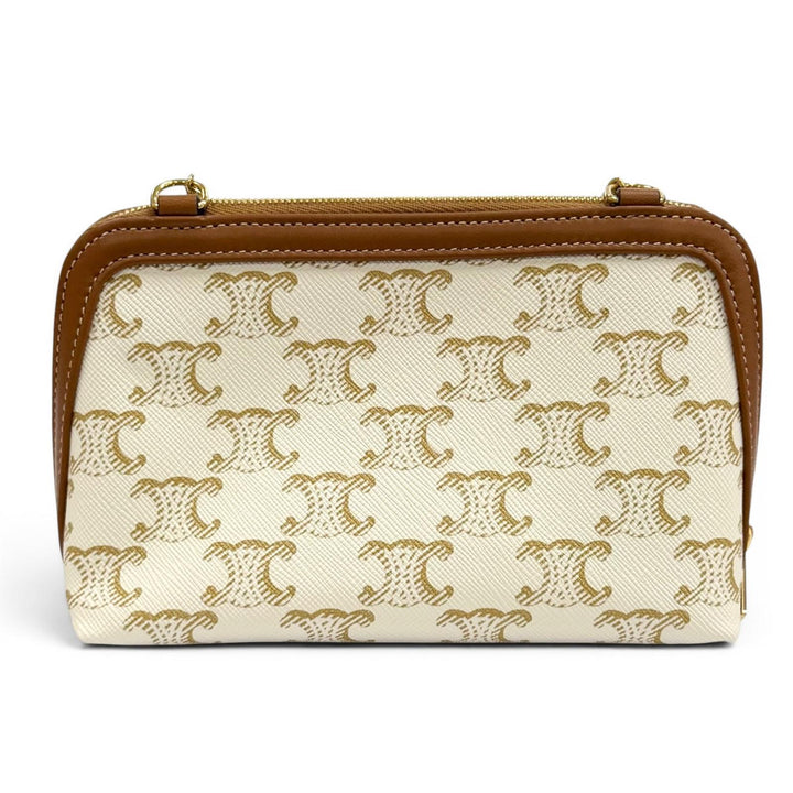 極美品★CELINE セリーヌ トリオンフキャンバス ロゴ入り チェーンクラッチ バッグ ショルダーバッグ オフホワイト ブラウン 保存袋付き